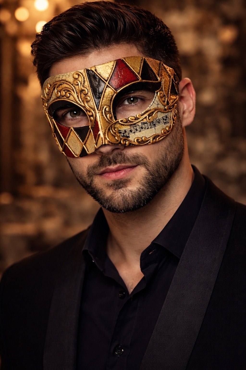 Gold Venetian Masquerade Mask for Men Red Black Harlequin Carnival Mask by Beyond Masquerade