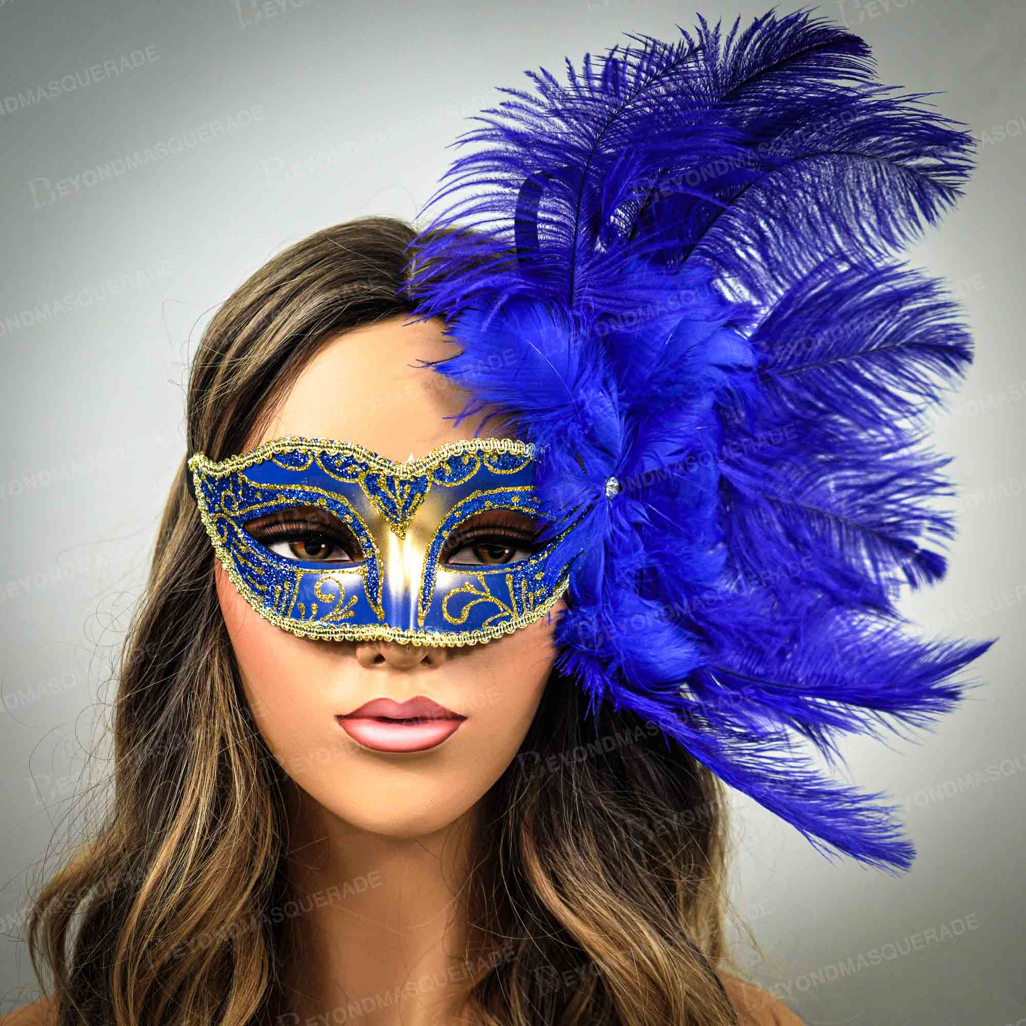 Lace Masquerade Mask with Luxury Feathers Rose Gold by Beyond Masquerade