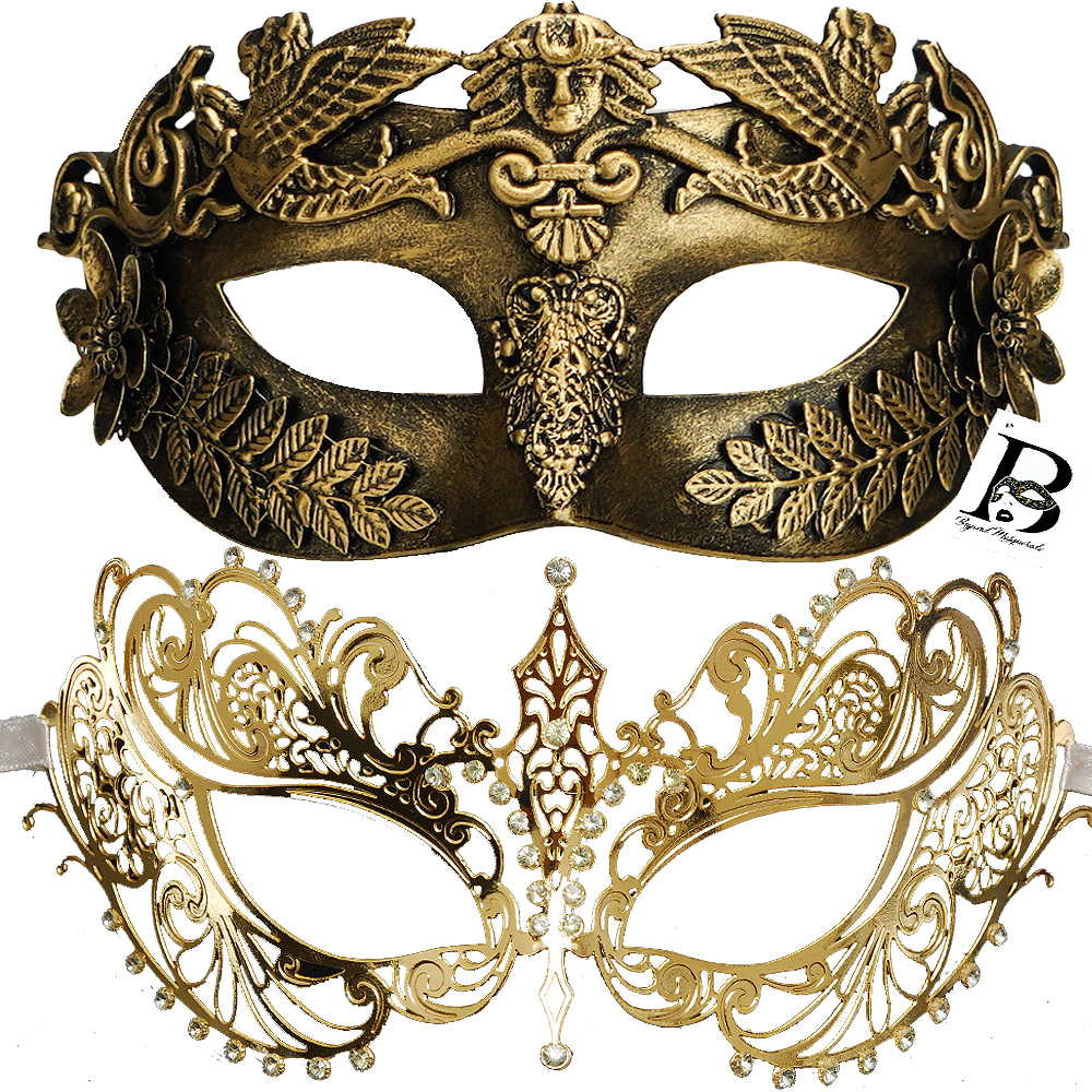 BaccaratマスカレードMasquerade男女　ピエロ ガラス像置物金彩 Couple's Masquerade Masks for Prom|USA Free Shipping