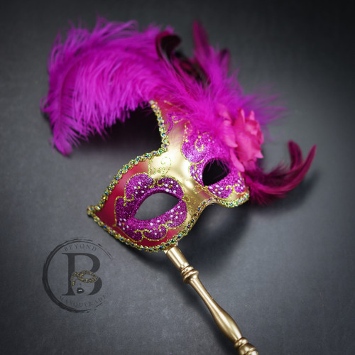 Holding Stick Party Mask | Feather Masquerade Mask Silver Hot Pink M6131