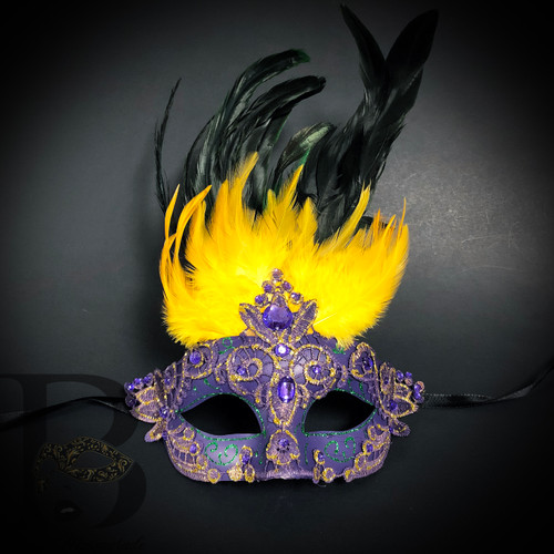 Black and Gold Masquerade Party Background Feather Mardi Gras Mask