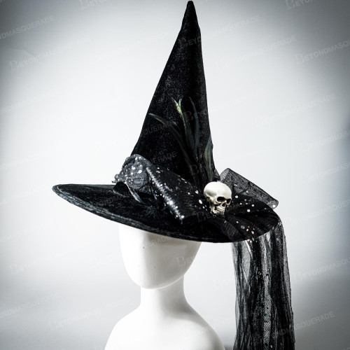 Witch Hat Feathers Spider Netting Adult Deluxe Black Halloween Costume Accessory main image 1