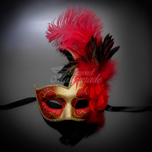 Holding Stick Party Mask | Feather Masquerade Mask Silver White M6131