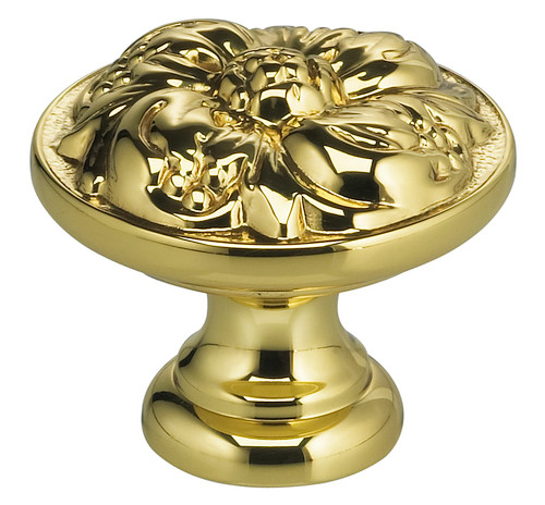 Omnia 7434/28.3: 1-1/8" Ornate Round Cabinet Knob - Polished Brass