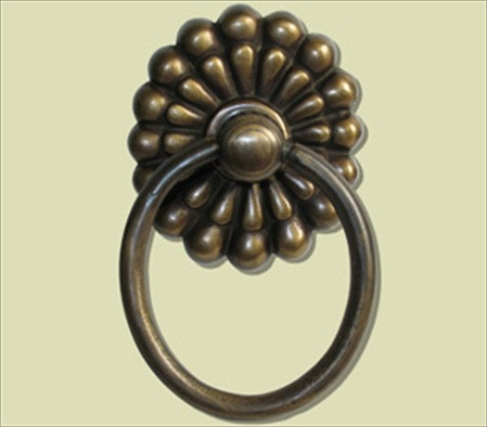 Handcrafted Hardware HRP2016: 4" Ring Pull w/Engraved Melon Backplate - Unlacquered Antique Brass