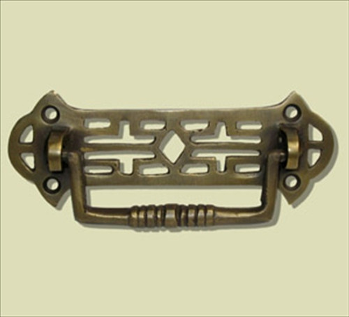 Handcrafted Hardware HBA7008: 4" Bail Pull w/Fancy Backplate - Unlacquered Antique Brass
