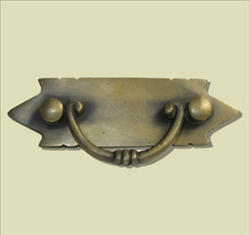 Handcrafted Hardware HBA7010: 4" Bail Pull w/Pointed Backplate - Unlacquered Antique Brass