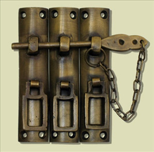 Handcrafted Hardware HLA7014: 3-1/2" 3 Piece Latch w/Chain Lock - Unlacquered Antique Brass Handcrafted Hardware HLA7014: 3-1/2" 3 Piece Latch w/Chain Lock - Unlacquered Antique Brass
