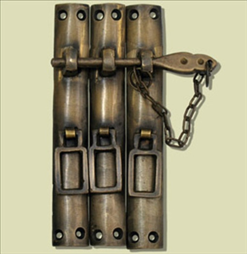 Handcrafted Hardware HLA7016: 5-1/4" 3 Piece Latch w/Chain Lock - Unlacquered Antique Brass Handcrafted Hardware HLA7016: 5-1/4" 3 Piece Latch w/Chain Lock - Unlacquered Antique Brass