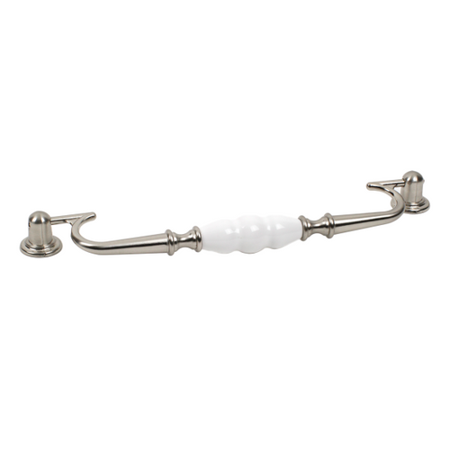 Century 27449-15WT: 224mm cc Nordic Drop Bail Cabinet Pull - Satin Nickel/White