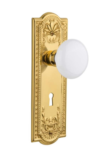 Nostalgic 701870: Meadows Backplate w/White Porcelain Knob Privacy Door Set - Polished Brass