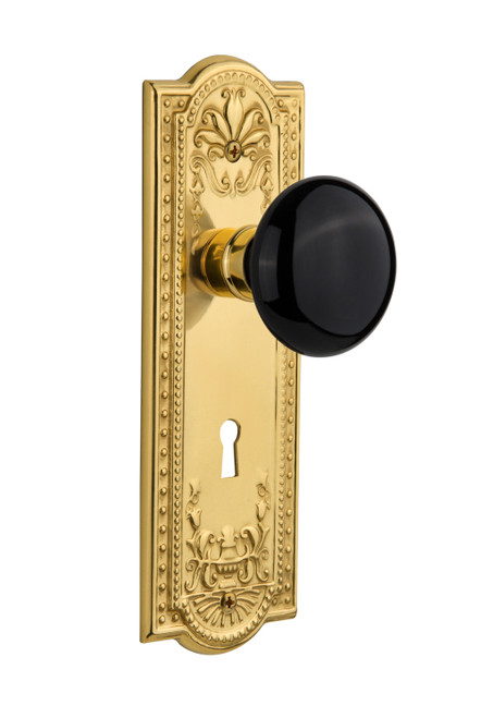 Nostalgic 702898: Meadows Backplate w/Black Porcelain Knob Single Dummy Door Set - Unlacquered Brass