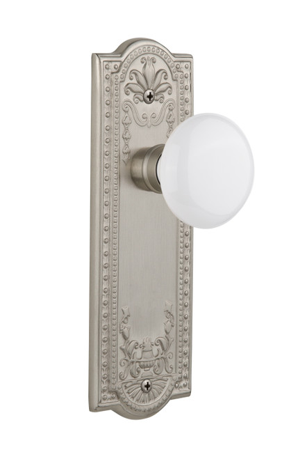 Nostalgic 701881: Meadows Backplate w/White Porcelain Knob Single Dummy Door Set - Satin Nickel