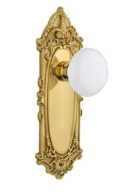 Nostalgic 702061: Victorian Backplate w/White Porcelain Knob Single Dummy Door Set - Polished Brass