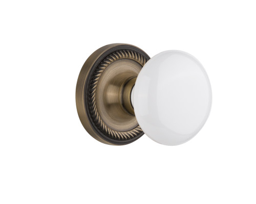 Nostalgic 702149: Rope Rosette w/White Porcelain Knob Privacy Door Set - Antique Brass