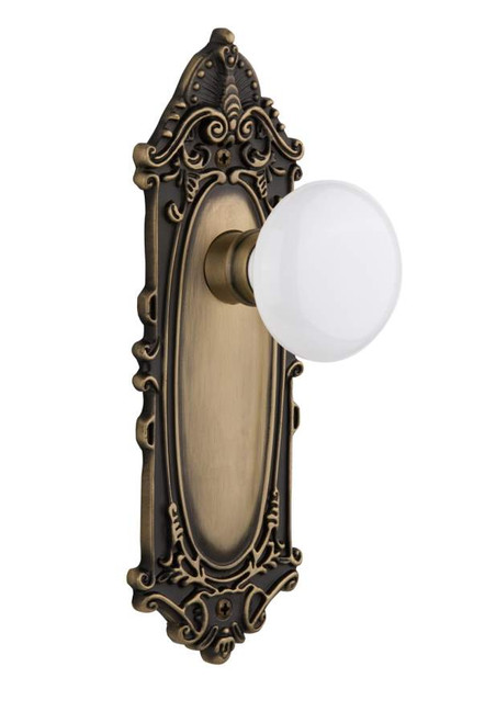 Nostalgic 702070: Victorian Backplate w/White Porcelain Knob Privacy Door Set - Antique Brass