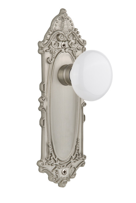 Nostalgic 702072: Victorian Backplate w/White Porcelain Knob Privacy Door Set - Satin Nickel