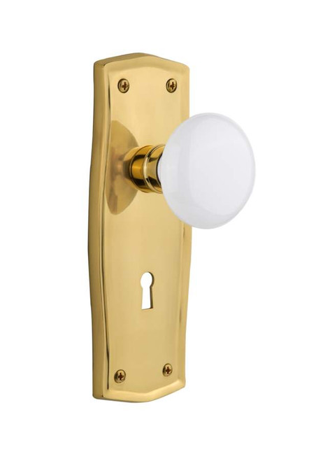Nostalgic 702160: Mortise Prairie Plate w/ White Porcelain Knob - Polished Brass