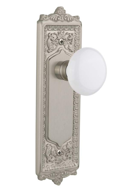 Nostalgic 701998: Egg & Dart Backplate w/White Porcelain Knob Passage Door Set - Satin Nickel