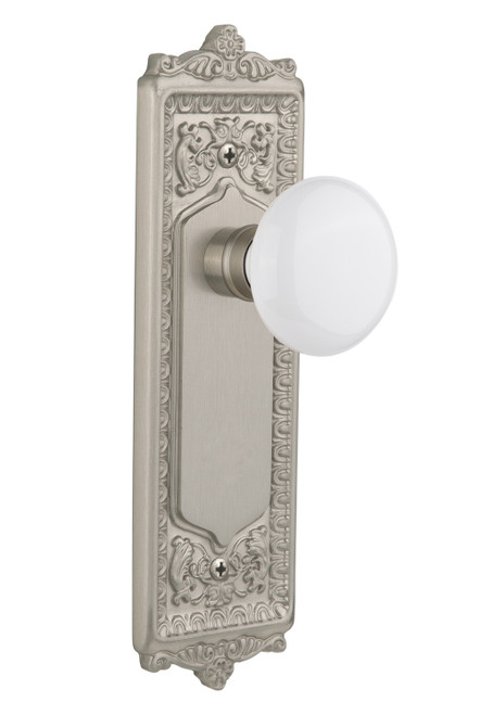 Nostalgic 701998: Egg & Dart Backplate w/White Porcelain Knob Passage Door Set - Satin Nickel