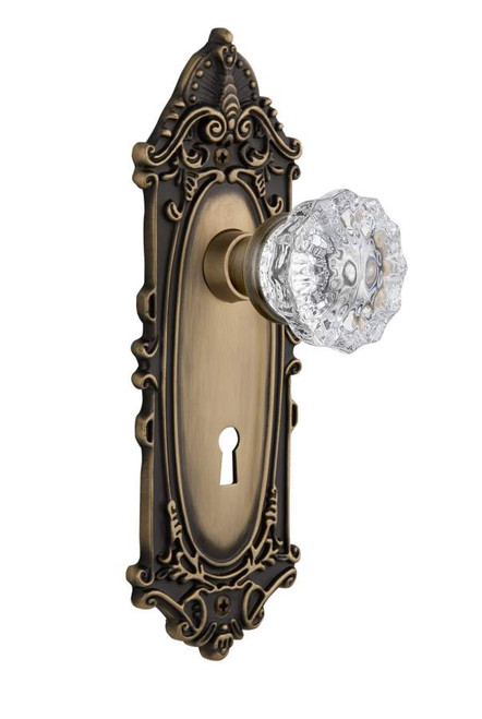 Nostalgic 702093: Victorian Backplate w/Clear Crystal Glass Knob Passage Door Set - Antique Brass