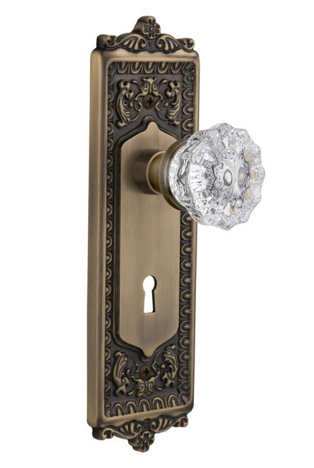 Nostalgic 701921: Egg & Dart Backplate w/Clear Crystal Glass Knob Single Dummy Door Set - Antique Brass