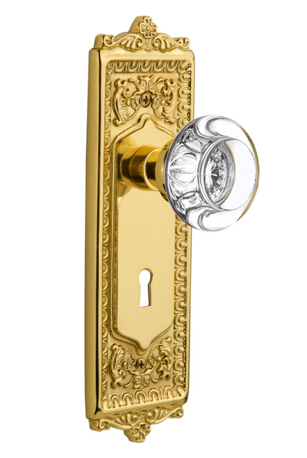 Nostalgic 702876: Egg & Dart Backplate w/Round Clear Glass Crystal Knob Single Dummy Door Set - Unlacquered Brass