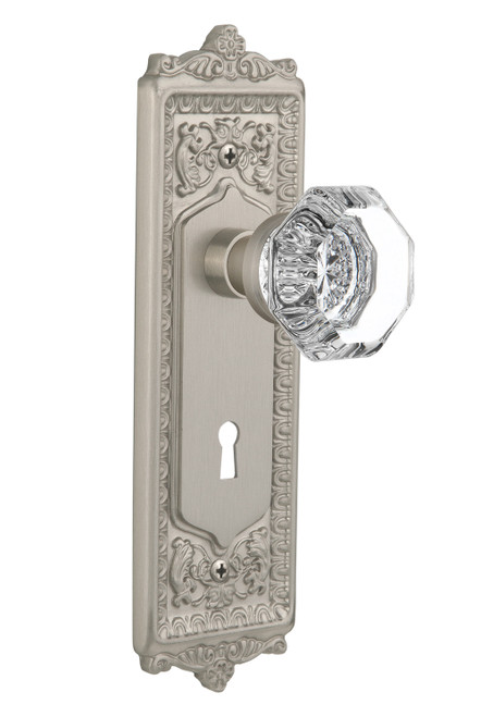 Nostalgic 704250: Egg & Dart Backplate w/Waldorf Knob Privacy Door Set - Satin Nickel