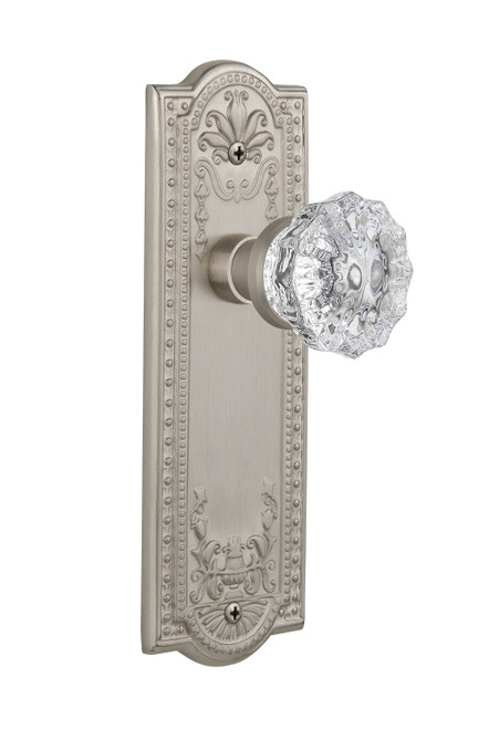 Nostalgic 701842: Meadows Backplate w/Clear Crystal Glass Knob Passage Door Set - Satin Nickel