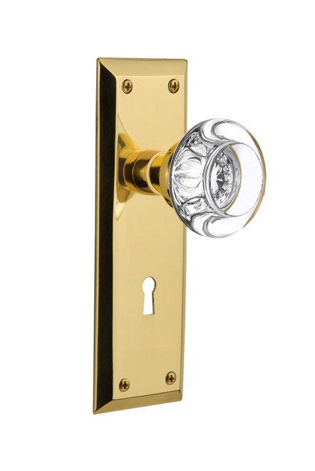 Nostalgic 702928: New York Backplate w/Round Clear Glass Crystal Knob Single Dummy Door Set - Unlacquered Brass
