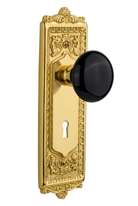 Nostalgic 703671: Mortise Egg & Dart Plate Black Porcelain Knob - Unlacquered Brass