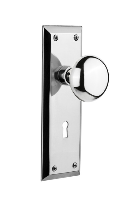 Nostalgic 701240: New York Backplate w/New York Knob Privacy Door Set - Bright Chrome