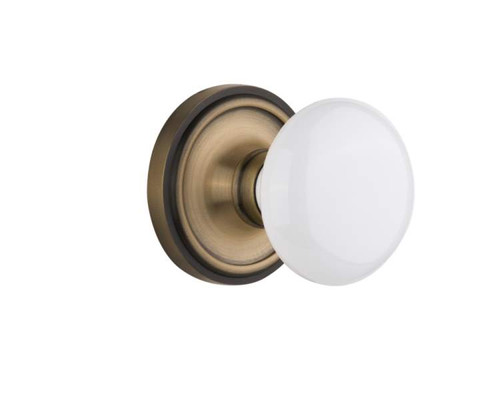 Nostalgic 702199: Mortise Classic Rosette with White Porcelain Knob - Antique Brass