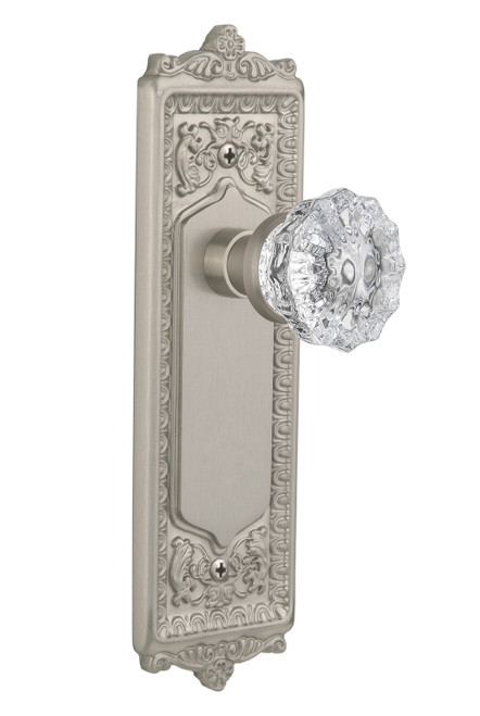 Nostalgic 701947: Egg & Dart Backplate w/Clear Crystal Glass Knob Passage Door Set - Satin Nickel