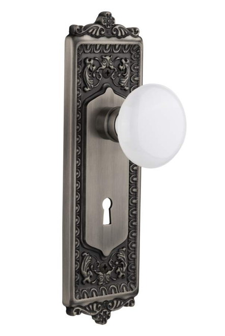 Nostalgic 704851: Mortise Egg and Dart Plate w/ White Porcelain Knob - Antique Pewter