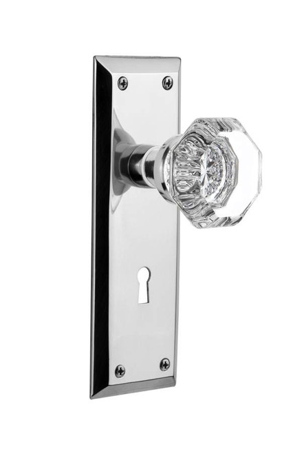 Nostalgic 704616: New York Backplate w/Waldorf Knob Passage Door Set - Bright Chrome