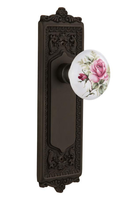 Nostalgic 710890: Egg & Dart Backplate w/White Rose Porcelain Knob Passage Door Set - Oil-Rubbed Bronze