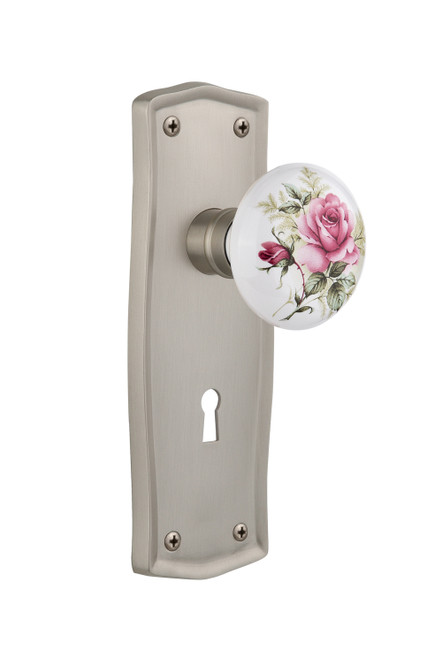 Nostalgic 710967: Prairie Backplate w/White Rose Porcelain Knob Passage Door Set - Satin Nickel