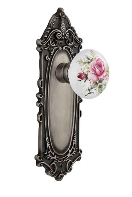 Nostalgic 711204: Victorian Backplate w/White Rose Porcelain Knob Privacy Door Set - Antique Pewter