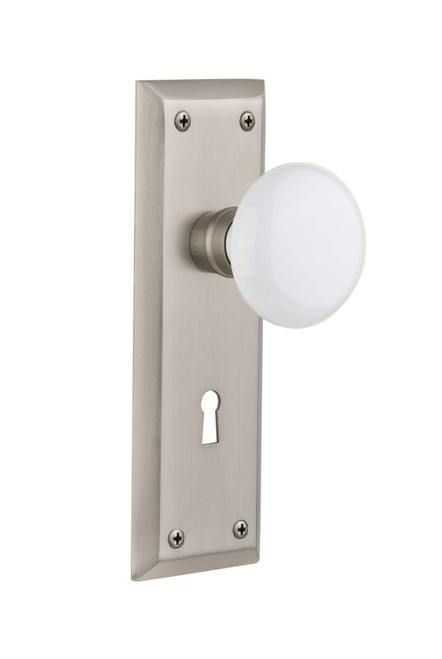 Nostalgic 704633: New York Backplate w/White Porcelain Knob Privacy Door Set - Satin Nickel