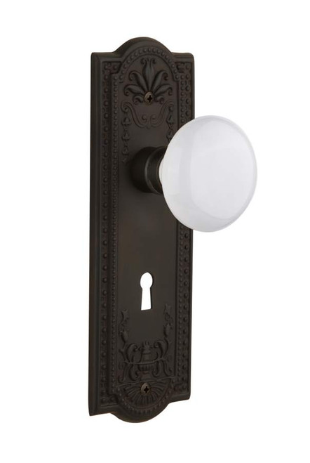 Nostalgic 704431: Meadows Backplate w/White Porcelain Knob Single Dummy Door Set - Oil-Rubbed Bronze