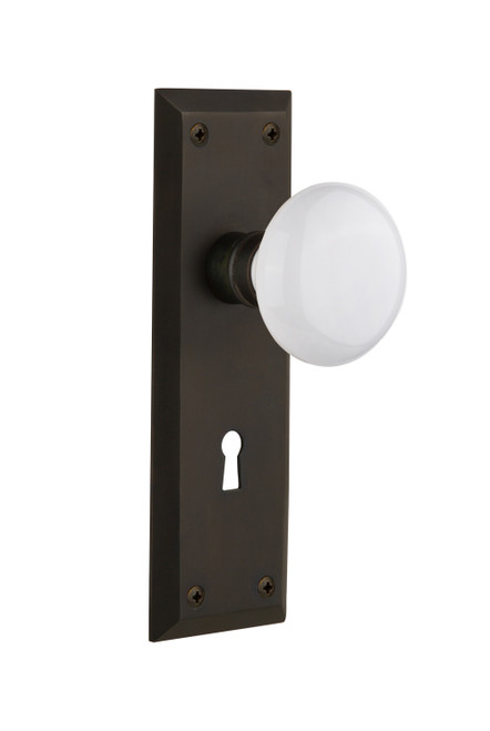 Nostalgic 704634: New York Backplate w/White Porcelain Knob Privacy Door Set - Oil-Rubbed Bronze