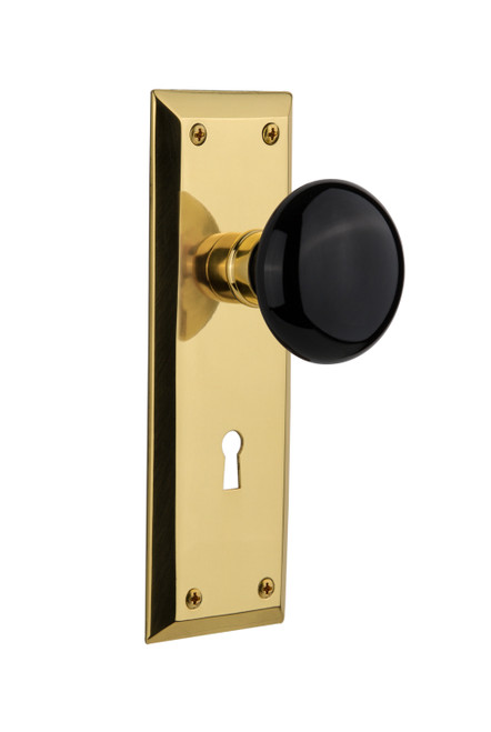 Nostalgic 710175: New York Backplate w/Black Porcelain Knob Single Dummy Door Set - Polished Brass