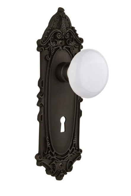 Nostalgic 704137: Victorian Backplate w/White Porcelain Knob Privacy Door Set - Oil-Rubbed Bronze