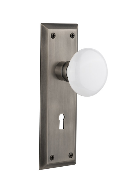Nostalgic 704637: New York Backplate w/White Porcelain Knob Passage Door Set - Antique Pewter