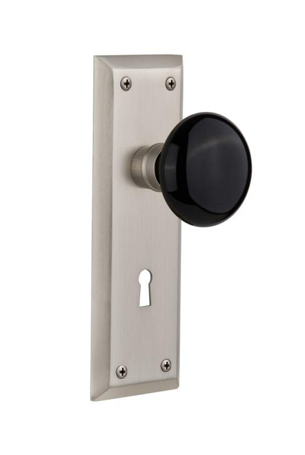 Nostalgic 710176: New York Backplate w/Black Porcelain Knob Single Dummy Door Set - Satin Nickel