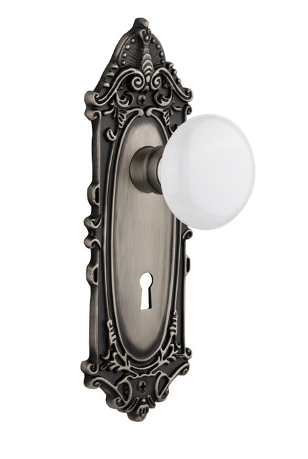 Nostalgic 704138: Victorian Backplate w/White Porcelain Knob Passage Door Set - Antique Pewter