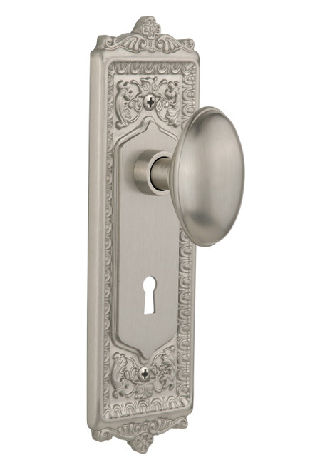 Nostalgic 704220: Egg & Dart Backplate w/Homestead Knob Single Dummy Door Set - Satin Nickel