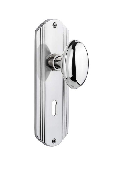 Nostalgic 704435: Deco Backplate w/Homestead Knob Passage Door Set - Bright Chrome
