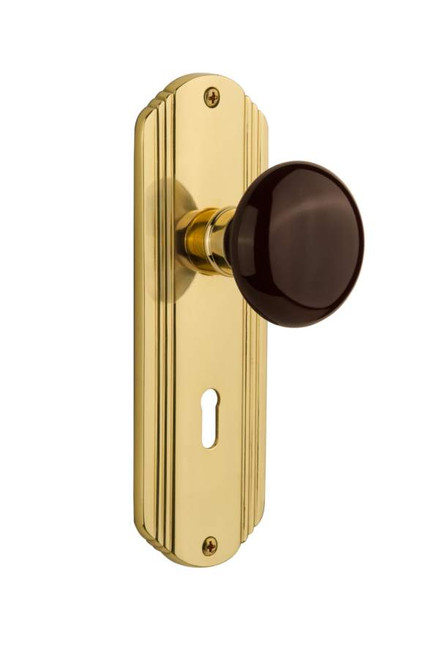 Nostalgic 710835: Mortise Deco-Plate Brown Porcelain Knob Keyhole - Polished Brass